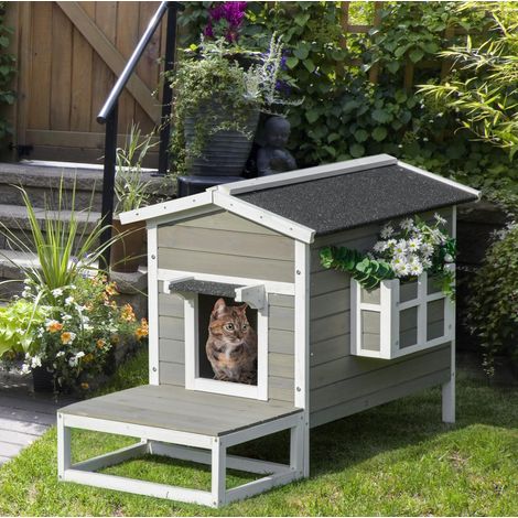 Casetta per gatti con terrazza e balcone, legno di abete grigio e bianco OKMYHOME (1/5)