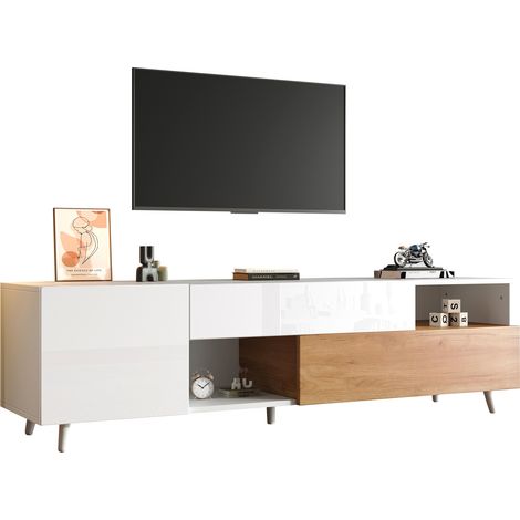 TV-Lowboard mit 2 Türen, 1 Schublade und 2 Fächern, Hochglanz-Front, Modern, 180×38×50 cm, Weiß und Natur (1/5)