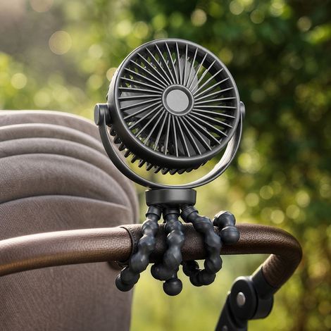 Ventilateur poulpe USB rechargeable 3600mAh, support flexible pour poussette et bureau, grille de sécurité, noir (1/4)