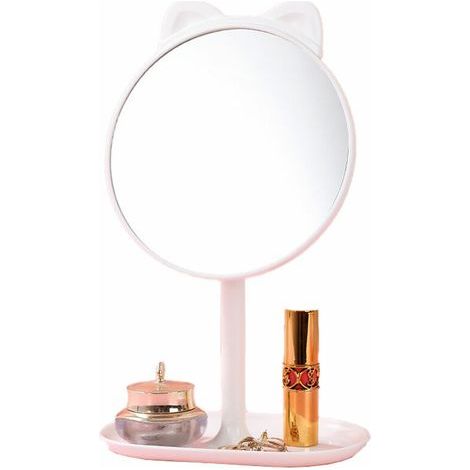 Miroir de bureau de maquillage Miroir de table d'appoint avec poignée -Oreilles de chat blanc + peigne (1/5)