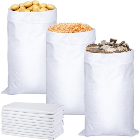 Sacs tissés blancs - Sacs à déchets de jardin - Pour céréales, aliments pour animaux, gravats et feuilles - Lot de 10 - 70 cm x 113 cm (1/4)