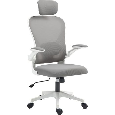 Silla de oficina ergonómica gris con reposabrazos abatibles y soporte lumbar ajustable (1/4)