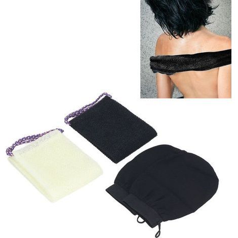 BelleRise - gants & filets exfoliants – nylon doux – pour bain & peau sensible – noir/beige (1/5)