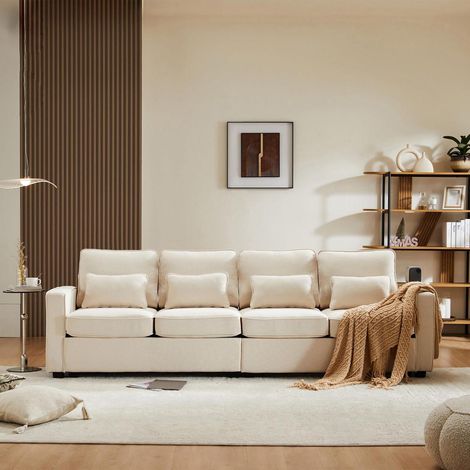 4-Sitzer XXL Sofa 264cm aus Leinenstoff mit Seitentaschen und 4 Kissen, Beige (1/5)