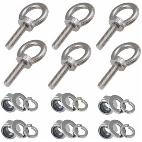 M8 Eye Bolts, 6 Pieces Thread Length 30mm Nylon Lock Nut and Lock Washers, Marine 304 Stainless Steel External Threaded Bolts (1/4)