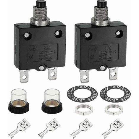 2 disjoncteurs thermiques 25 A, 125/250 V CA, 32/50 V CC, réarmement manuel par bouton-poussoir, protection contre les surcharges (1/5)
