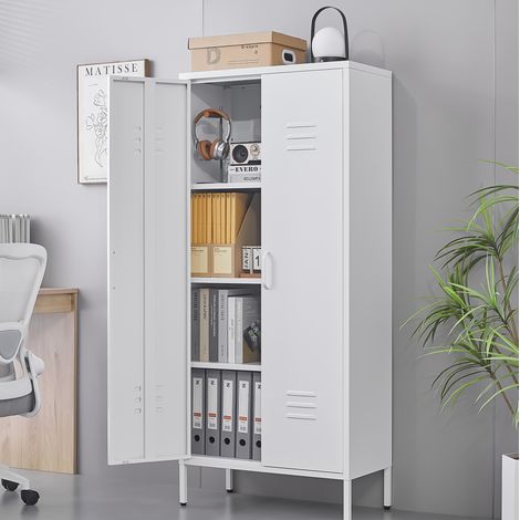 Armario metálico de almacenamiento (156x44.5x19.5 cm), con 3 estantes ajustables, ventilación, metal blanco (1/5)