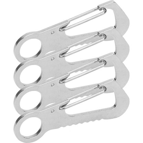 Lot de 4 mousquetons multifonctions en acier inoxydable avec anneau en D, pour l'escalade en extérieur, avec boucle de suspension rapide et décapsuleur/rangement de clés (argenté). (1/5)