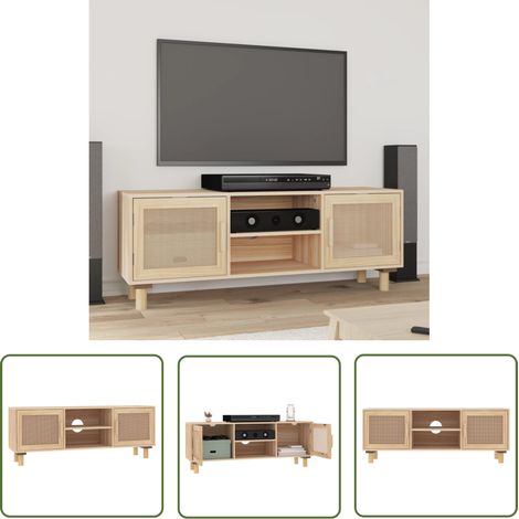 The Living Store Meuble TV Marron 105x30x40 cm Bois de pin massif rotin naturel - Meuble Tv - Meuble Tv Design - Meuble Tv Moderne - Meuble Tv Rustique - Meuble Tv Industriel (1/5)