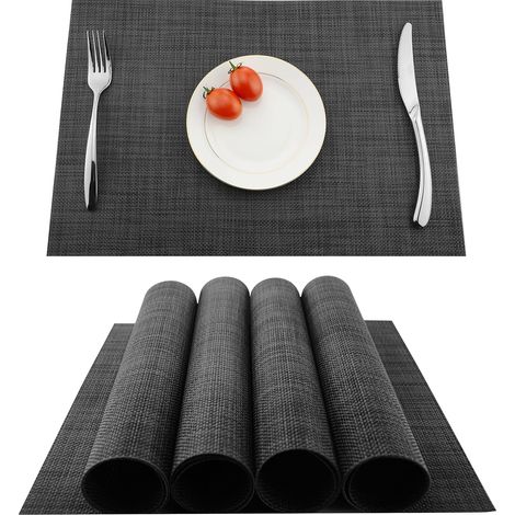 Set mit 4 PVC-Tischsets, rutschfest und abwaschbar, hitze- und fleckenbeständig, Kunstfasern, dunkelgrau. (1/5)