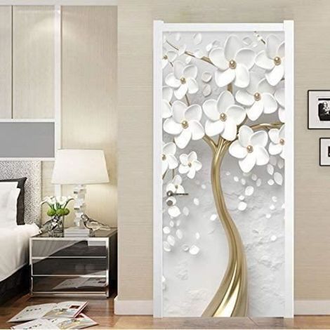 Carta da parati 3D autoadesiva per porte con motivo floreale bianco per soggiorno o camera da letto – impermeabile – per decorazione – 90 x 200 cm (1/5)