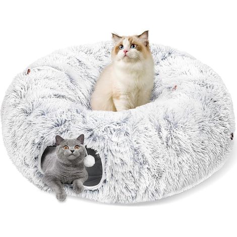 Tunnel en peluche pour chat d'intérieur, grotte à cache-cache avec tapis de jeu doux et lavable, tube en fourrure pour chaton/chiot/lapin (1/5)