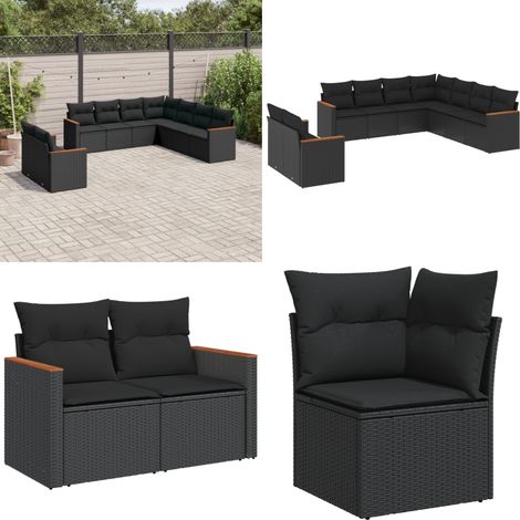 Salon de jardin 9 pcs avec coussins noir résine tressée - Salon De Jardin - Mobilier De Jardin - Salon Extérieur - Set De Salon - Résine Tressée - Home & Living (1/5)
