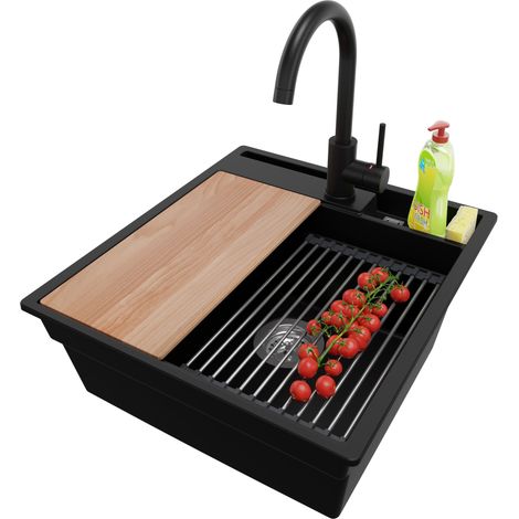 PRIMAGRAN Evier Cuisine en Granit 48x53cm, Lavabo 1 bac + Robinet 32x20cm + Kit de Vidage + Accessoires, Évier à Encastrer au meuble 50cm - Oslo Pocket, Noir