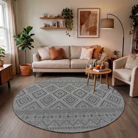 Paco Home Tappeto Per Esterno Da Balcone Terrazza Tappeto Cucina Moderno Boho Etnico Antracite, Ø 200 cm tondo