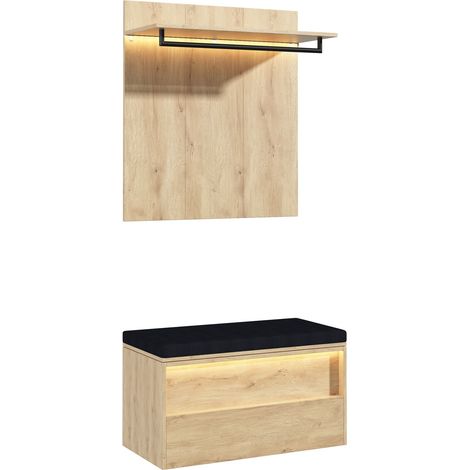 Ensemble banc à chaussures et portemanteau d’entrée, banquette avec portemanteau et banc à chaussures 2 étages, 2 éclairages LED, 1 coussin, 1 tringle, 90×47×145 cm, anthracite chêne (1/5)