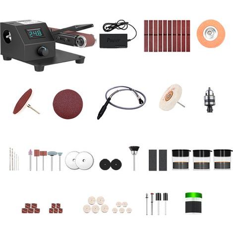 Mini lijadora de banda de 350 W, eléctrica, para lijado, pulido y desbaste, tanto vertical como horizontal, con 10 bandas abrasivas (tamaño de la banda: 30 x 380 mm) (1/5)