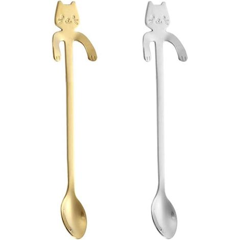 2 pièces chat cuillère à café chat cuillère à café cuillère à dessert en acier inoxydable chat suspendu design thé lait café dessert boisson milkshake (or, argent)