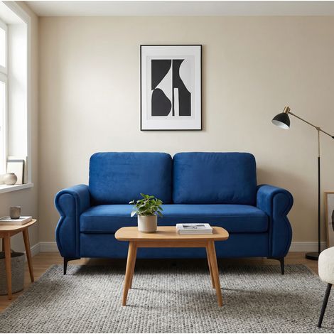 Canapé en tissu polyester bleu, structure métal et bois, 173,5 cm, assise ergonomique 49 cm, pieds métal 15 cm (1/5)