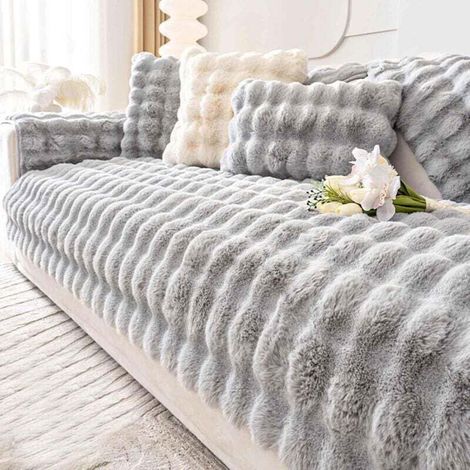 Bardusch-Housse de canapé en peluche, tapis à poils longs, housse de canapé antidérapante, housse de canapé en fausse fourrure ultra douce, housse de canapé en peluche, canapé moelleux - Gris clair -  (1/4)