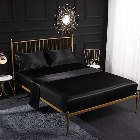 Parure de lit 4 pièces en satin de soie,Drap Housse 153203+30cm - Drap Plat 2 Personne 228 x 259 cm - 2 Taie d'oreiller 50x76cm,B (1/4)