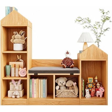 Bibliothèque Enfant avec Banc Intégré et Rangement, Meuble Lecture en MDF Naturel pour Chambre (1/5)