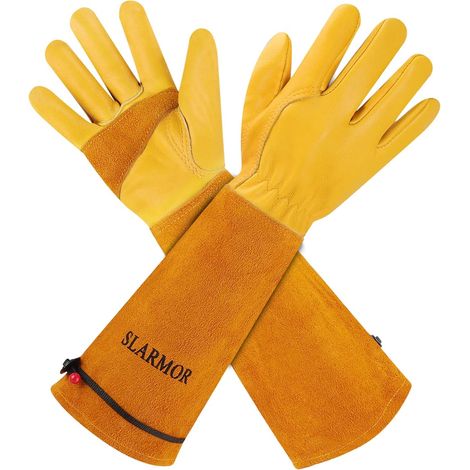 Gardening Gloves for Men/Women, Durable Cowhide Leather Work Gloves, Thorn Resistant - with Forearm Protection for Gardener and Farmer - Thickening Yellow, L (1/5)