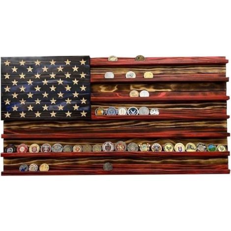 Présentoir Mural en Bois Massif pour Pièces de Monnaie de Défi Militaire avec Drapeau Américain Vintage (1/5)