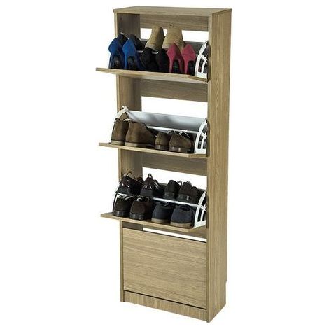 TOPKIT |Meuble à chaussures Rin 53ab | Étagère à chaussures haute et étroite | Meuble à chaussures | Étagère à chaussures économique avec 4 portes pliantes. | Chêne (1/5)