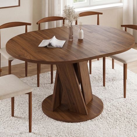 Mesa de comedor redonda extensible JASMINE para 4-8 personas, con pata central de nogal, 110-150 cm (1/5)