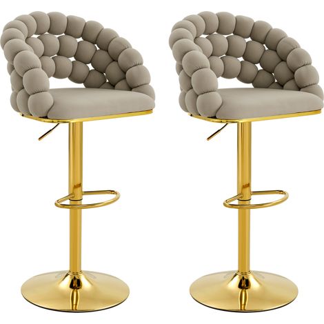 Lot de 2 tabourets de bar en velours gris avec dossier à chaînes sphériques et structure ajustable dorée (1/5)