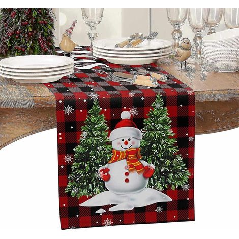 Chemin de table de Noël Joyeux Noël Bonhomme de neige mignon avec sapin de Noël Écharpe de commode Période des fêtes (1/4)