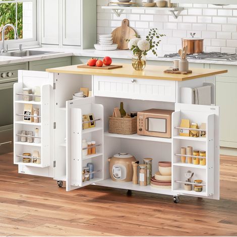 Îlot de cuisine 120/45(70)/92 cm en MDF Natural+White avec plateau rabattable, tiroir et roulettes (1/5)