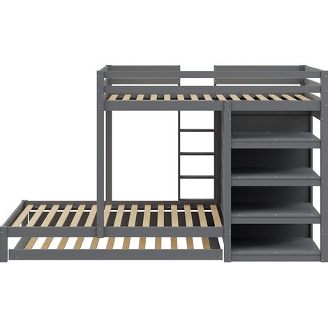 Cama alta 90 x 200 de madera gris con cama nido, armario, cajones y estantería (1/5)