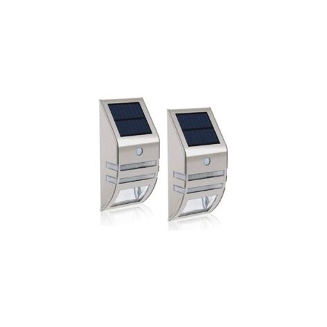 – Set mit 2 wasserdichten LED-Solar-Wandleuchten – Edelstahl – 90°-Bewegungsmelder – Außenbeleuchtung für Garten und Terrasse – Crezuo