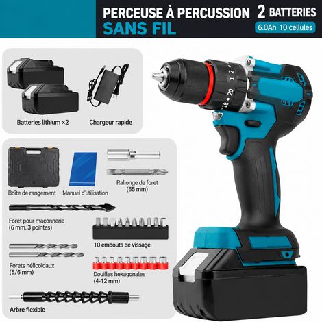 Perceuse visseuse percussion sans balais 6,0 Ah 10 cellules coffret plastique 2 batteries pack d'accessoires, 1 kg – Livraison gratuite