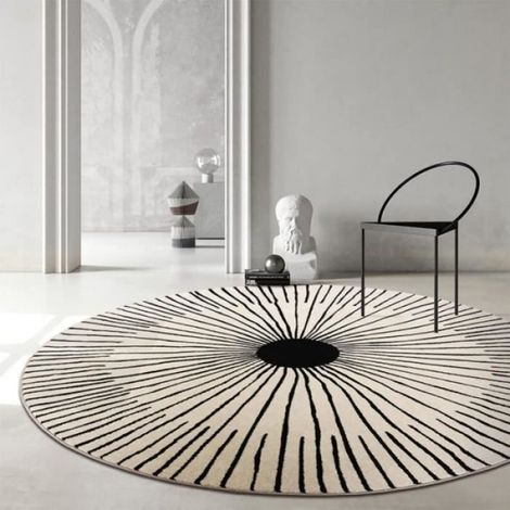 Tapis Rond - Coton Peluche Courte - 120 cm - Motif Rayé Noir Blanc - Intérieur Salon Chambre (1/4)