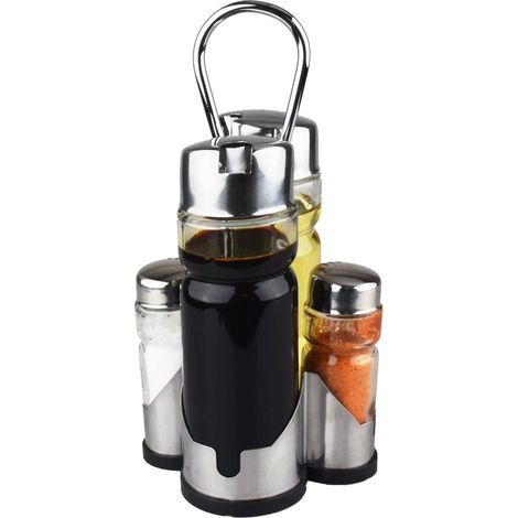 Ensemble salière et poivrière, distributeur d'huile et de vinaigre avec support en acier inoxydable (sel, poivre, huile et vinaigre) (1/5)