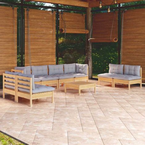 vidaXL Set Divani da Giardino 9 pz con Cuscini Grigi Massello di Pino (1/4)