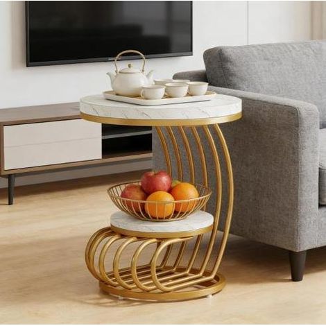 Tavolino rotondo 50x50x63 cm bianco e oro, 2 livelli, piano effetto marmo, metallo, MEUBLIV (1/5)