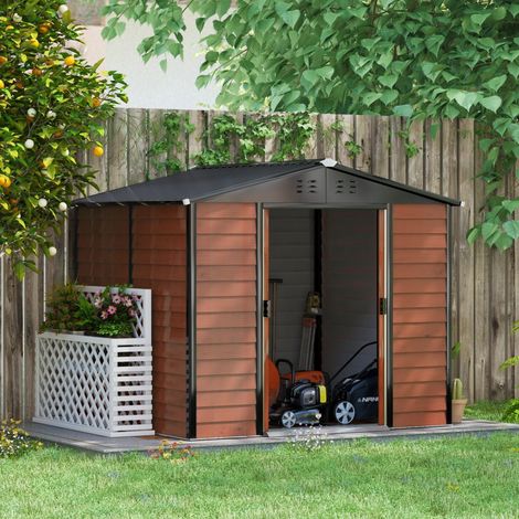 Caseta de jardín (240x206x198 cm), con puertas dobles con cierre y ventilación, acero galvanizado, color teca (1/5)