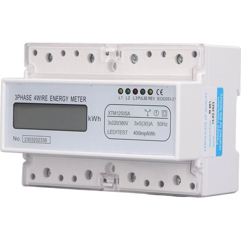 Compteur d'énergie électrique LCD 7 chiffres, montage sur rail DIN 35 mm, triphasé 4 fils, surveillance de la consommation électrique 3 x 5 (30) A (1/5)