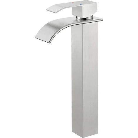 Mitigeur lavabo cascade haut pour salle de bain, robinet eau chaude et froide, hauteur 245 mm, en acier inoxydable brossé argenté (1/5)