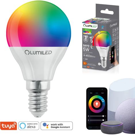 Ampoule LED intelligente LUMILED SAYO P45 E14 5W (équivalent 40W) 450 lm, dimmable, RGBW, Wi-Fi, minuterie, compatible avec les applications domotiques Amazon Alexa, Google Assistant et Tuya. (1/5)