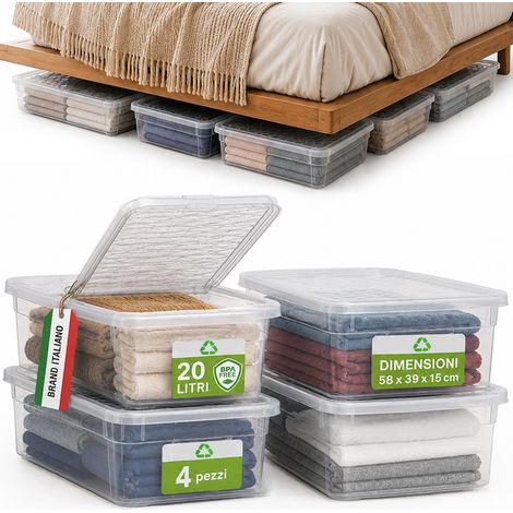 Set 4 Pezzi Contenitori con Coperchio 58x39x15 cm Storage Box Marea Capienza 20L in Plastica Trasparente (1/4)