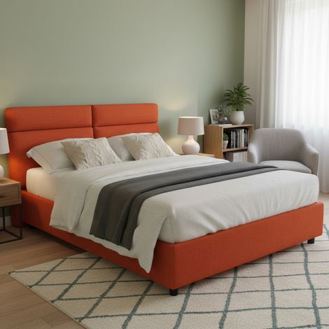 Letto Matrimoniale Ator, Letto Matrimoniale Sfoderabile, Contenitore Made in Italy, Dimensione Materasso 160x200 cm, Arancione (1/5)