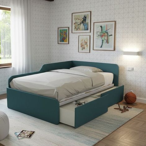 Divano letto singolo 120x190 con cassettoni - Ideale per camerette - Verde Petrolio