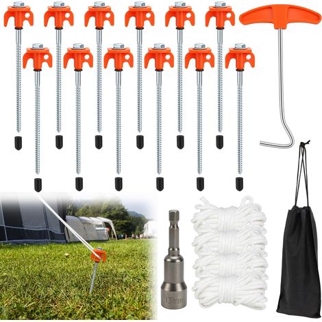 Lot de 12 piquets de tente à visser - Pour camping - 20 cm - Vis à tête plate - Vis de camping - Avec clé à douille - Extracteur pour sols durs, sable, rochers (1/5)