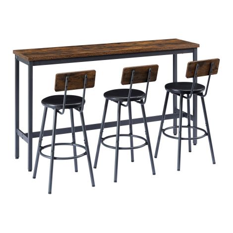 Table de bar longue industrielle avec 3 tabourets en PU brun et noir (1/5)