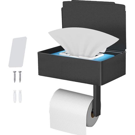 Porte Papier Toilette Support Mural en Noir, Acier Inoxydable Porte Rouleau avec étagères Spacieuses, Support Mural pour Papier Toilette pour Toilettes et Cuisines (1/5)